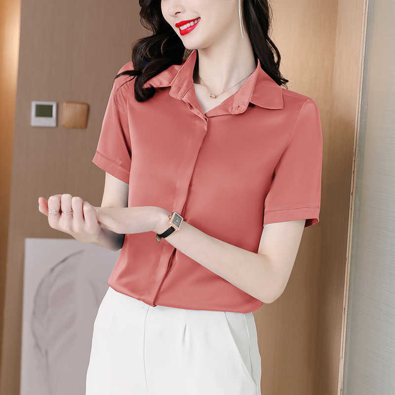 Korean Women's Shirt Silk Blouses for Women Short Sleeve Female Top Polo Collar Blouse Woman Basic 210604, White
Korean Women's Shirt Silk Blouses for Women Short Sleeve Female Top Polo Collar Blouse Woman Basic 210604, White