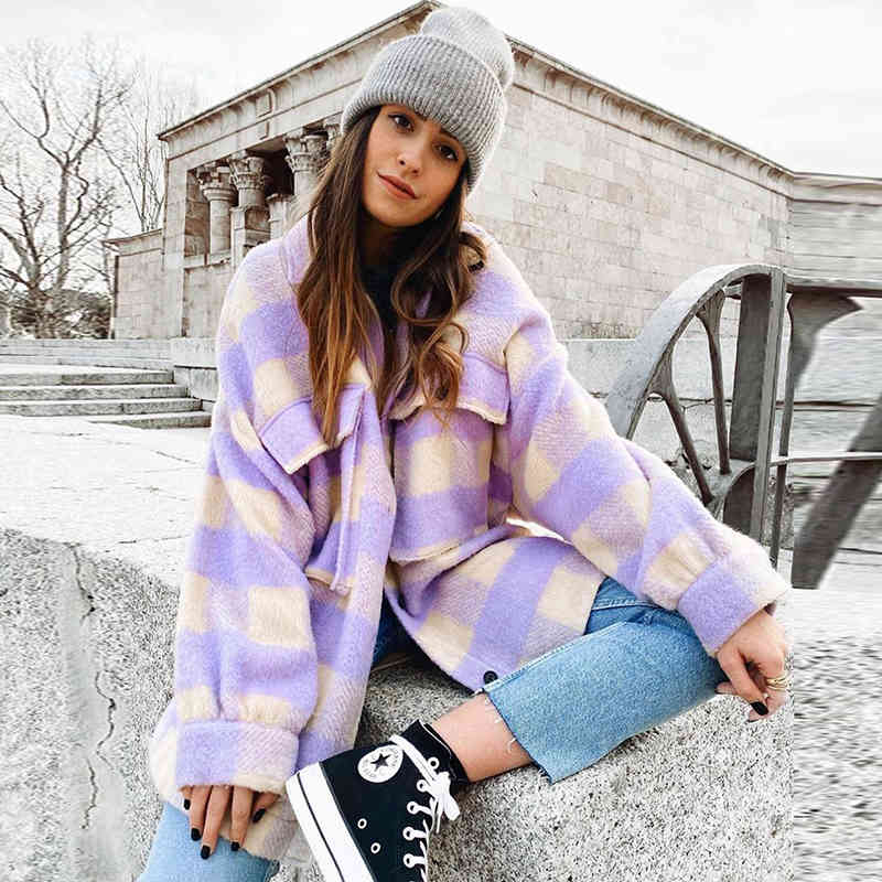 Women Woolen Plaid Coat With Pockets Batwing Long Sleeve Loose Jacket Turn Down Collar Casual Ladies Tops Outerwear New 210415