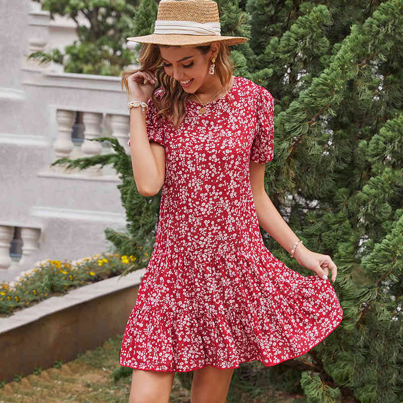 Foridol Floral Print Red Dress Women Casual A-line Summer Dress Oversized Beach Short Vintage Boho Dress Plus Size 210415
