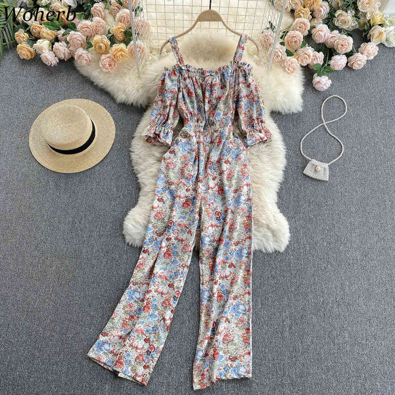 Women's Jumpsuit Summer Fashion Playsuit Sexy Off Shoulder Short Sleeve Elastic Waist Wide Leg Pants Floral Print Romper 210519