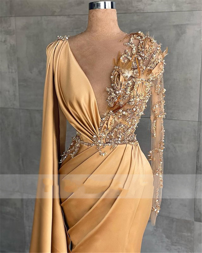 Split Mermaid V Neck Evening Dresses 2022 champagne gold Long Sleeve Beaded Middle East Dubai Robe De Soiree Prom Party Gowns