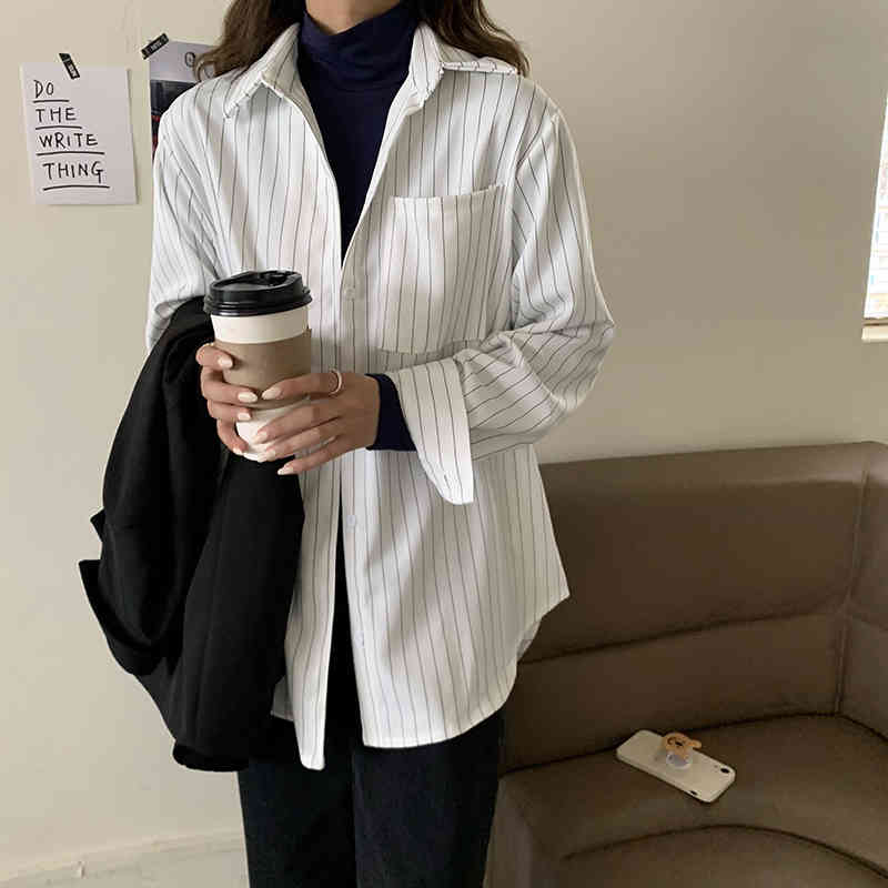 Spring Autumn OL Formal Elegant Minimalist Lapel Striped Shirt Women Blouses Work Long Sleeve Loose Tops Female 210421