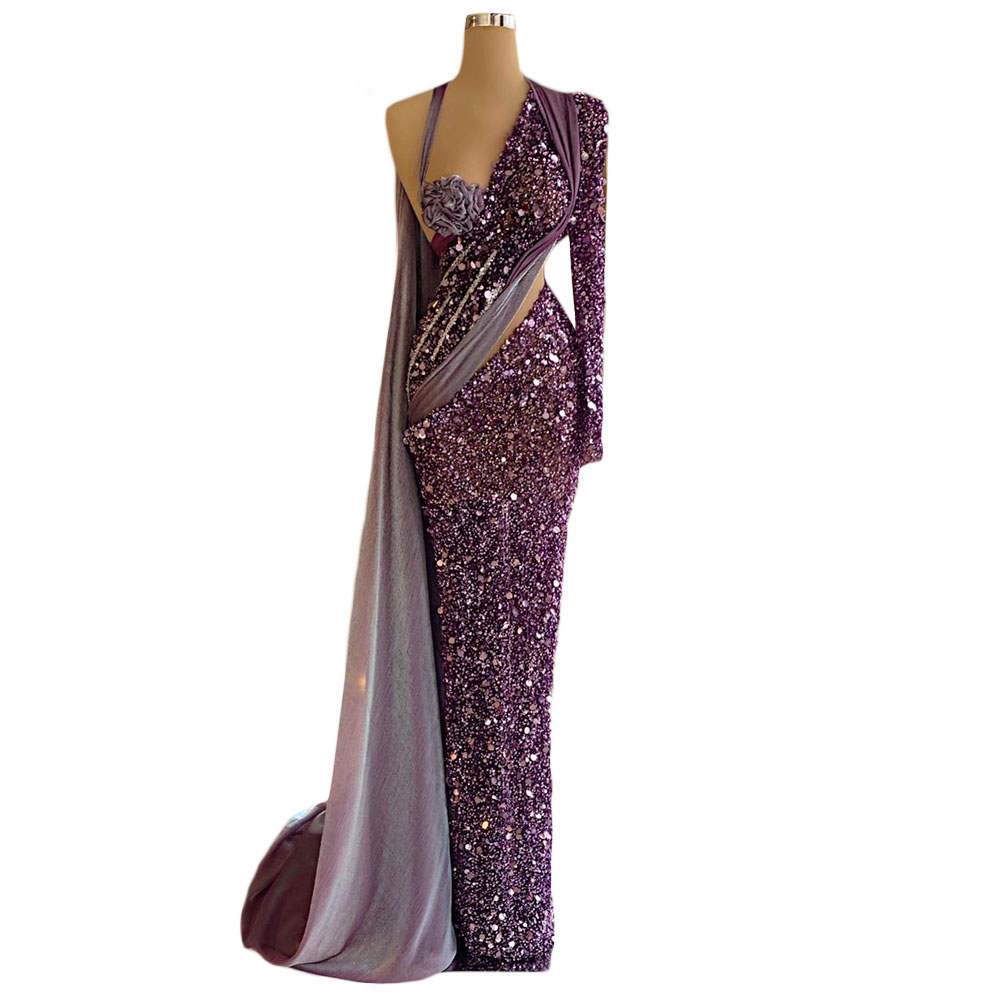 Custom Made Purple Sequined Evening Dresses for Women Beading V Neck Sexy Prom Gowns Formal Mermaid Dress