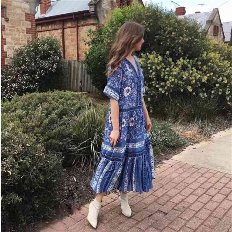 Bohemian Open Button Deep V neck Blue white Floral Print Dress Ethnic Woman Short Sleeve Maxi Long BOHO Dresses Beach Holiday 210429