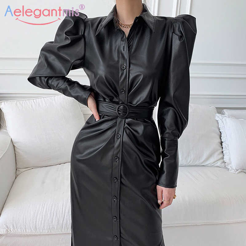 Aelegantmis Korea Faux Leather Long Dress Women Belt Puff Sleeve Split Vintage PU Mid Calf Dresses Slim Streetwear Vestidos Chic 210607, Black
Aelegantmis Korea Faux Leather Long Dress Women Belt Puff Sleeve Split Vintage PU Mid Calf Dresses Slim Streetwear Vestidos Chic 210607, Black