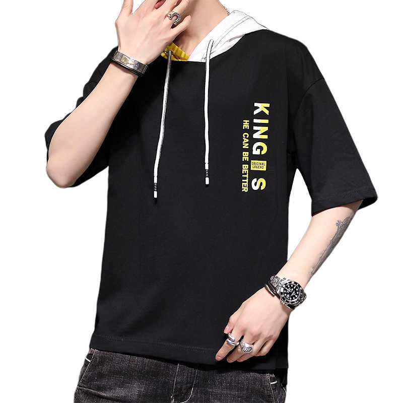 Summer Men Tshirt Casual Tops Tee Shirts Patchwork Loose Hooded Male Streewear Hoodie Half Sleeve T-shirt Pullover Clothing 210603
