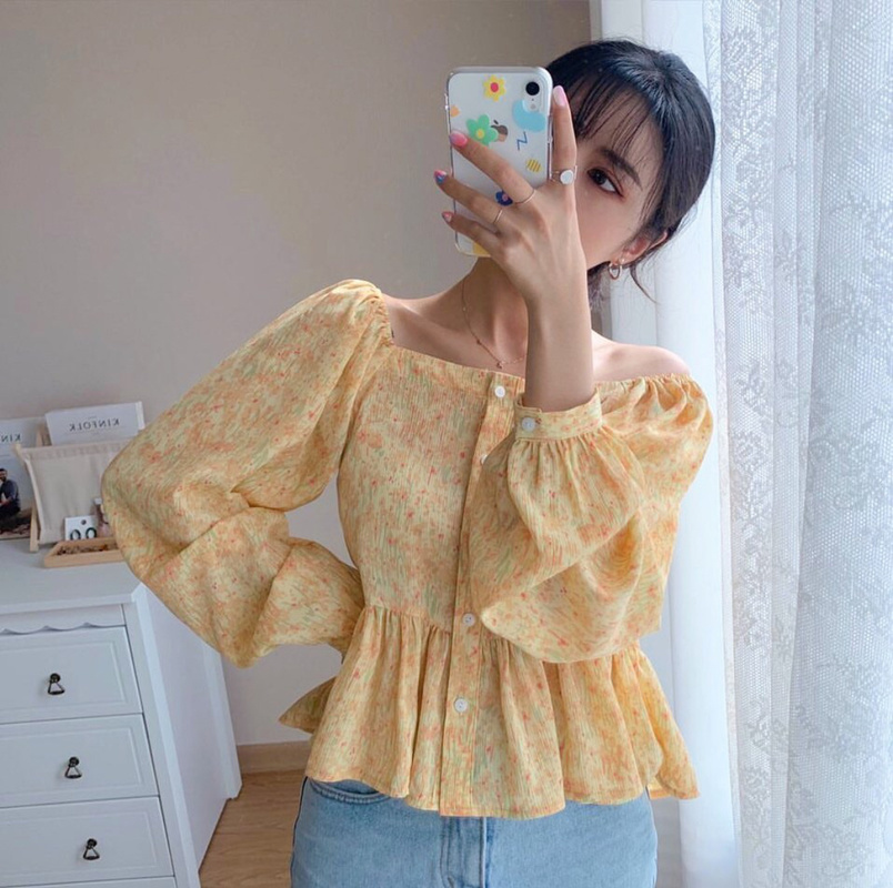 Korean Slim Square Collar est Print Ruffles Office Lady Streetwear Women Shirts Tops Vintage Florals Loose Blouse Blusa 10112 210506