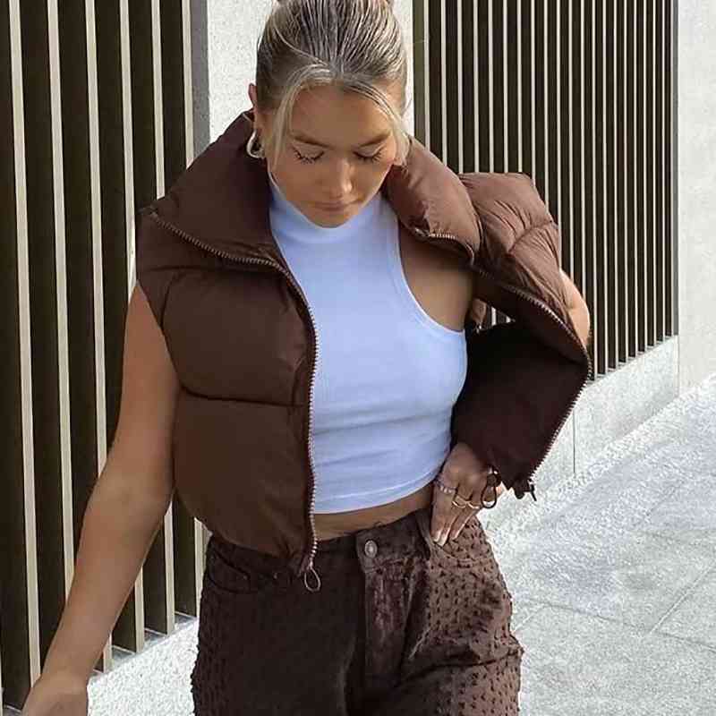 Vintage Women Brown Short Waistcoats Spring-Autumn Fashion Ladies Cute Puffer Vest Coats Sweet Girls Chic Outerwear 210430