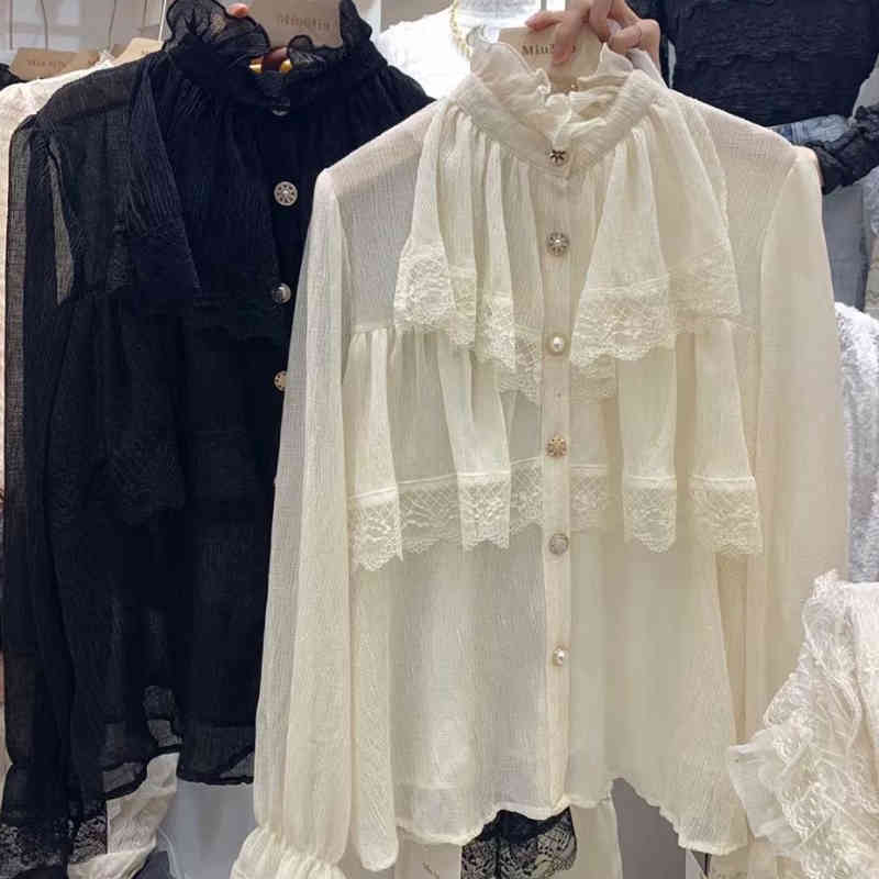 Fashion Lace Chiffon Bouse Spring Korean Chic Turtleneck Long Sleeve Shirt Women Ruffles Button Ladies Tops 12947 210506