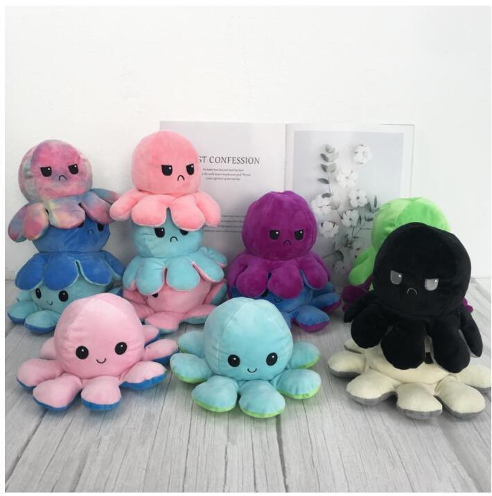 Illuminated Flip Octopus Stuffed Plush Toys For Cute Angry Emotion Reversable Animal Plush Doll Christmas Gifts