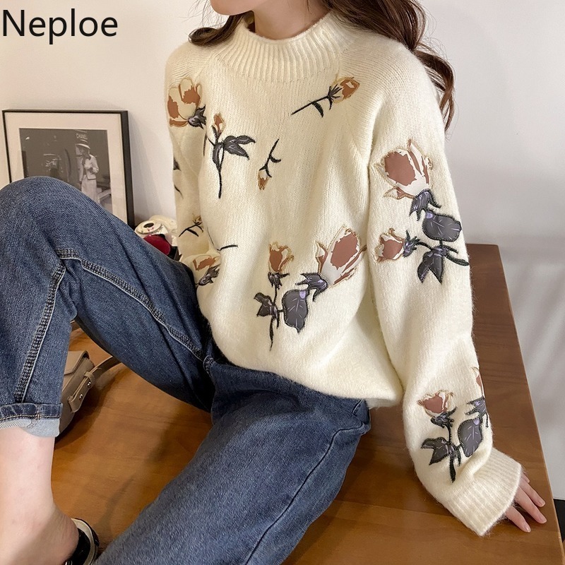 Neploe Heavy Embroidery Rose Pullovers Chic Sweet Knitted Sweaters Women Autumn Winter Clothes Sueter Thicked Warm Pull Femme 210422