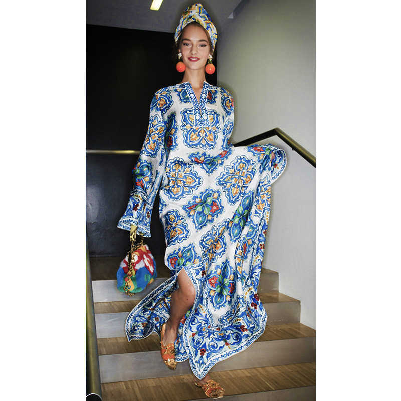 Bohemian Beach Blue and White Print V Neck Evening Dress for Women 210615