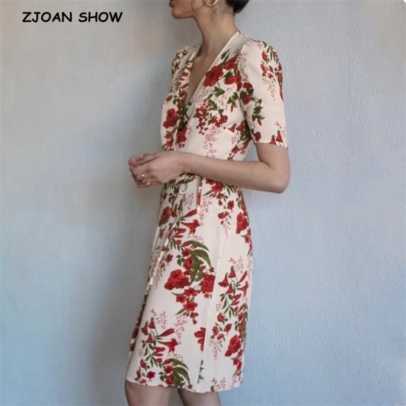 French V neck Front Slit Red Flower Wrap Dress Holiday Woman Tie Bow Lace up Waist Short Sleeve Tea Dresses Vestido 210429