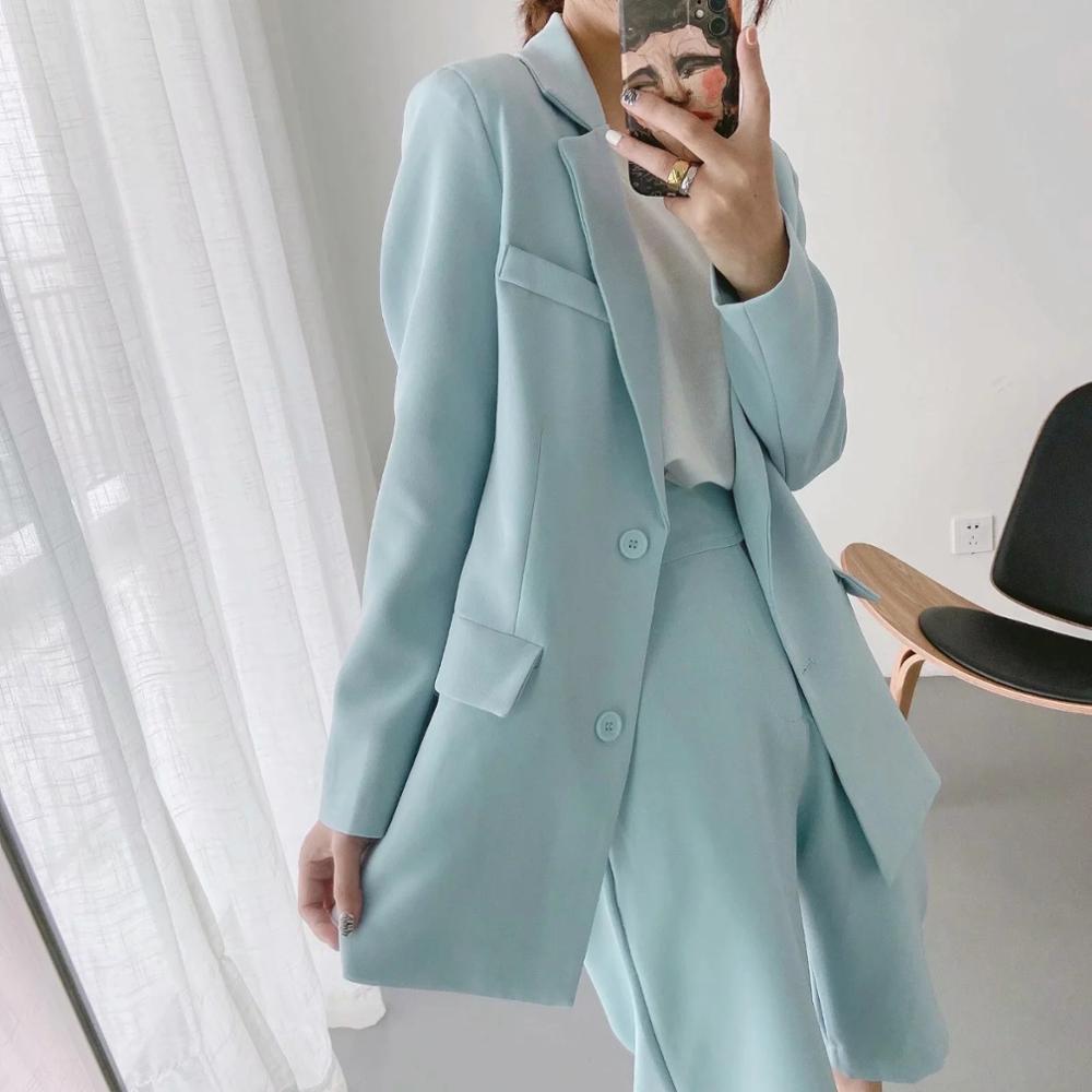 Autumn 70s Boyfriend Women Long Blazer Lavender Loose High Waist Knee Length Wide Leg Pants Sleeve Suits 2 Pieces Set 210429