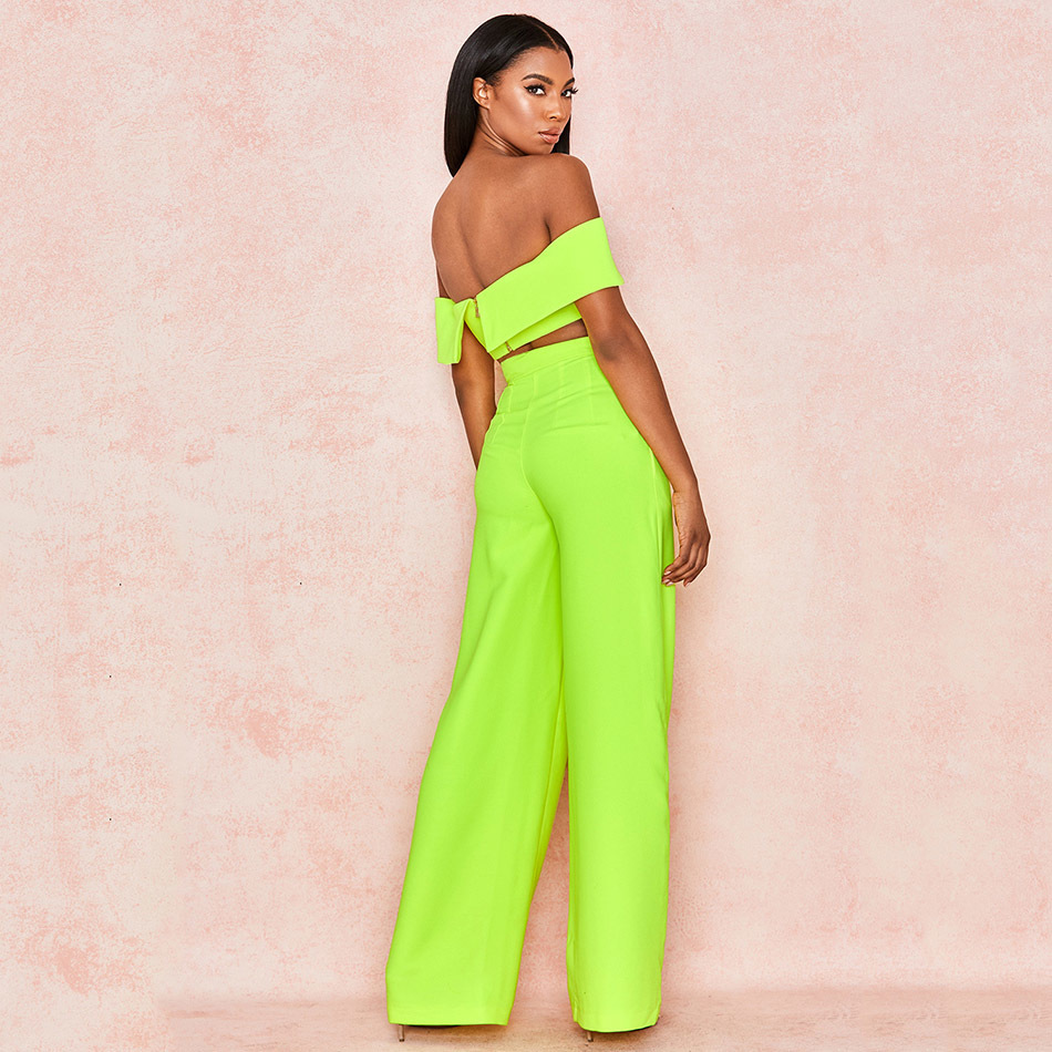 Arrival Women's Neon Sexy Off-Shoulder Tube Top and Wide Leg Pants 2 Piece Celebrity Party Set 210525