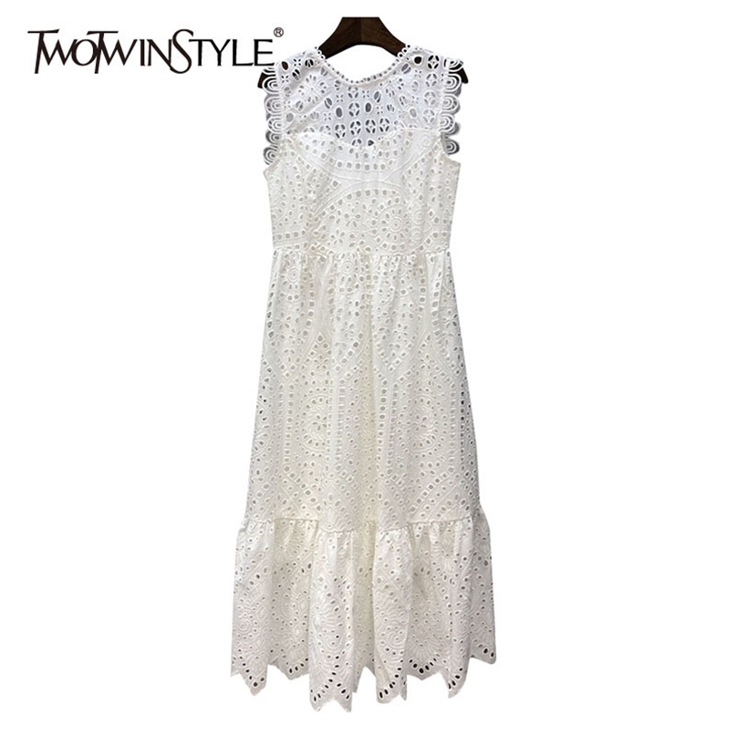 Hollow Out White Dress For Women O Neck Sleeveless Elegant Summer Dresses Female Fashion Clothing Stylish 210520