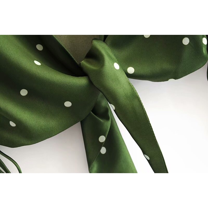 Sexy Green Color Polka Dot Print Women Cropped Shirt Batwing Sleeve V-Neck Lacing Up Bow Tide Cardigan Blouse Femme Blusas 210429
