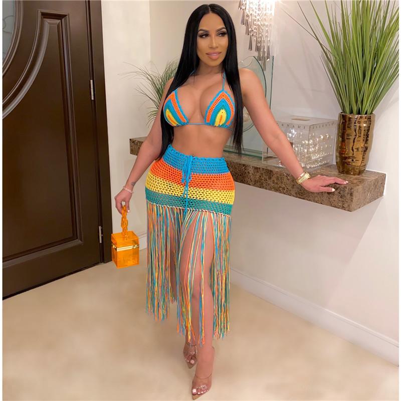 Women' Swimwear Hirigin Striped Hand-knitted Crochet Woven Women Bikini Cover Ups 2021 Halter Lace-up Bra High Waist Tassels Skirts, Multi
Women' Swimwear Hirigin Striped Hand-knitted Crochet Woven Women Bikini Cover Ups 2021 Halter Lace-up Bra High Waist Tassels Skirts, Multi