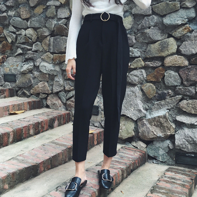 OL Elegant High Waist Harem Pants Women Spring Autumn Solid Work Casual Loose Suit Female Black Trousers 210421