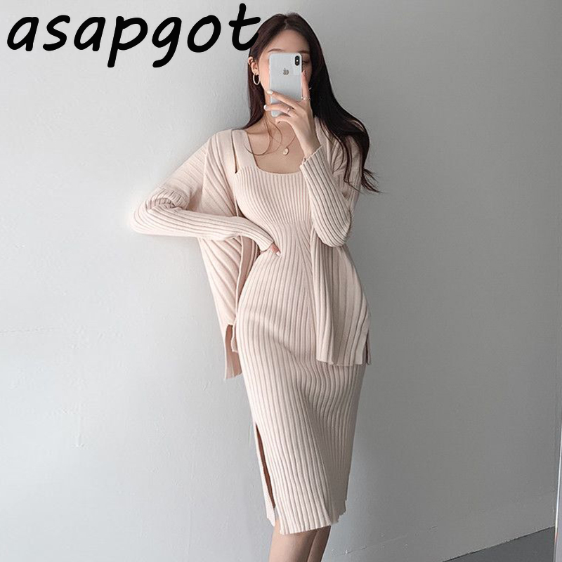 Temperament Autumn Winter Solid Knit Cardigan V Neck Sweater Jacket Side Split Vest Dress Knitted Women Sexy Fashion 210429