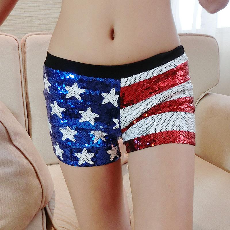 Novelty Design Sexy America Flags Mini Mid Waist Sequin Shorts Shiny Short Pants Trousers For Ladies With Quality Women's