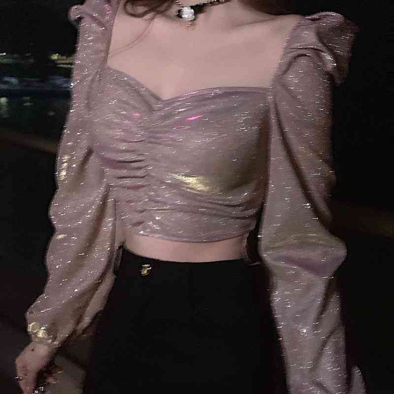 Sexy Party Solid Blusas Korean Pleated Shiny Puff Sleeve Vintage Spring Summer Ropa Mujer Slim Ins Women Blouses 210415