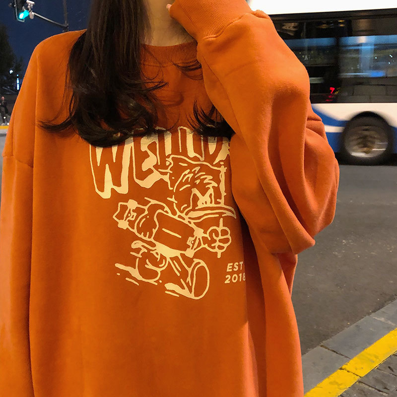 autumn and winter korean style cartoon print Women Sweatshirts Long Sleeve thick Sweatshirt Womens pullovers ( X1551) 210423