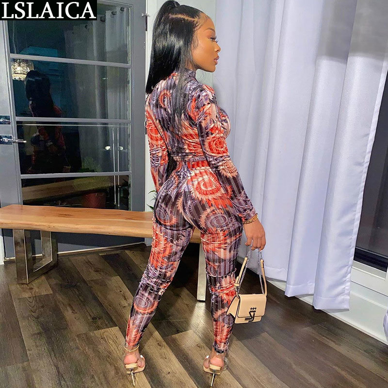 2 piece outfits for women long sleeve print tops&long pants slim elegant casual two set outfit top and 210515