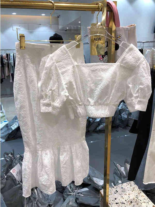 Temperament Fashion Summer White Square Neck Lace Blouse Short High Waist Wrap Hip Mermaid Skirts Slim Matching Sets Dress Sexy 210429