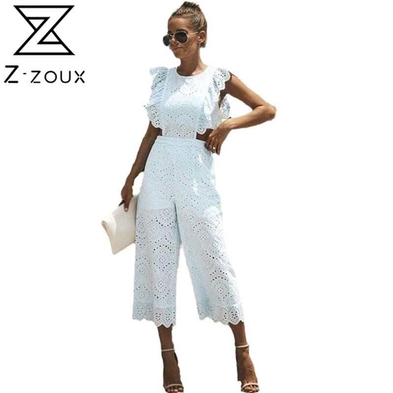 Women Jumpsuit O Neck Sleeveless Rompers Womens Hollow Out Wide Leg Loose Casual Summer White s 210513