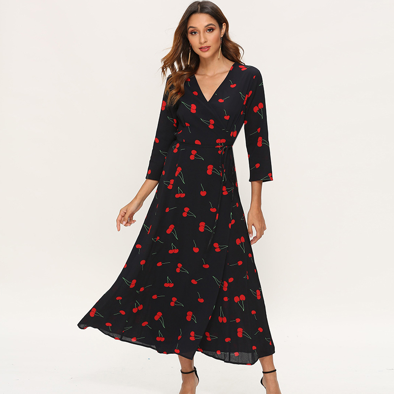 Elegant Dresses Women Three Quarter Sleeve Cherry Print Long Boho High Split V Neck Sexy Casual Maxi Vestidos Largos 210515