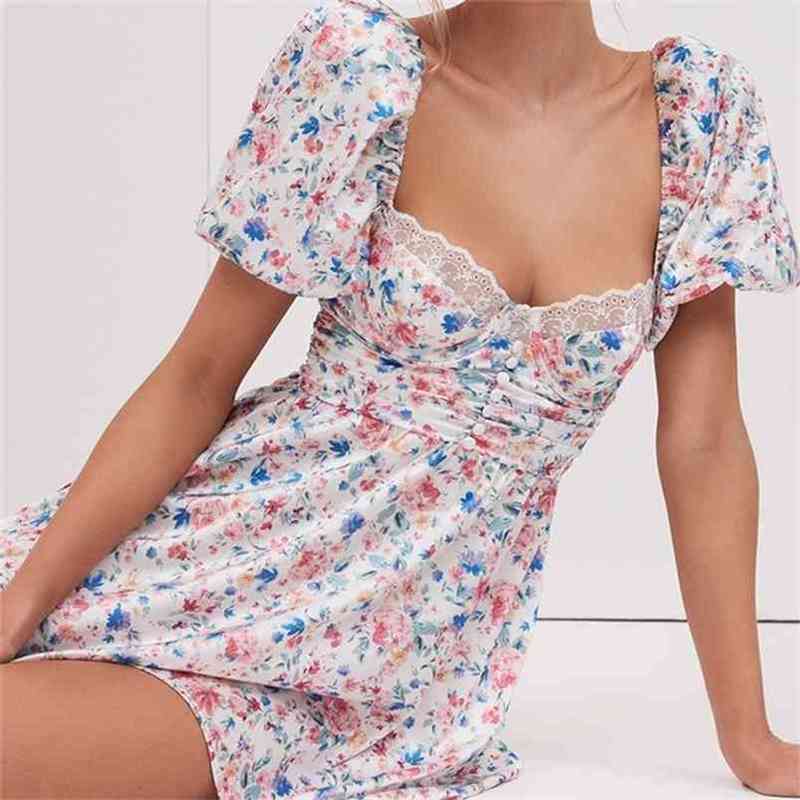 Summer Lace Square Collar Short Sleeve Floral Print Dress French A line Elegant Women Party Dresses Slim fit Vestido 210429