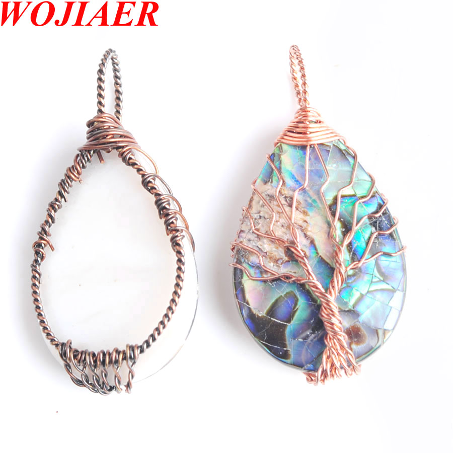 WOJIAER Tree of Life Metal Wire Wrap Water Drop Bead Necklace & Pendant Natural Abalone Shell Jewelry Chain 18 Inches BW920