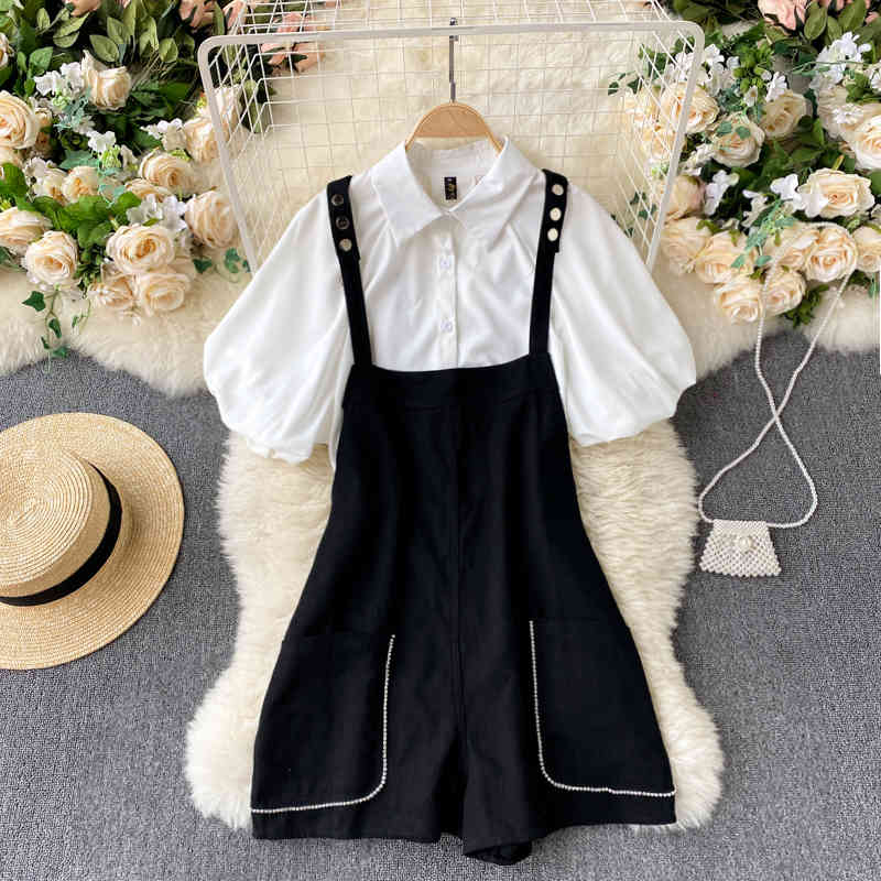 Women Two Piece Set Short Puff Sleeve Single Breasted Shirt Casual Loose Fit Overalls Fashion Spring Summer HR999 210525, Black
Women Two Piece Set Short Puff Sleeve Single Breasted Shirt Casual Loose Fit Overalls Fashion Spring Summer HR999 210525, Black