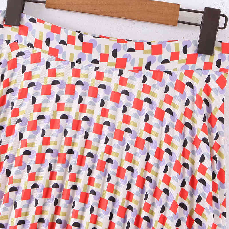 Women Fashion Geometric Print Pleated Skirts High Waist Stylish Long Side Zipper Ladies A Line Midi 210515