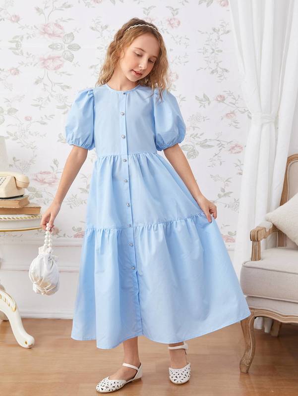 Girls Button Front Ruffle Hem Dress SHE