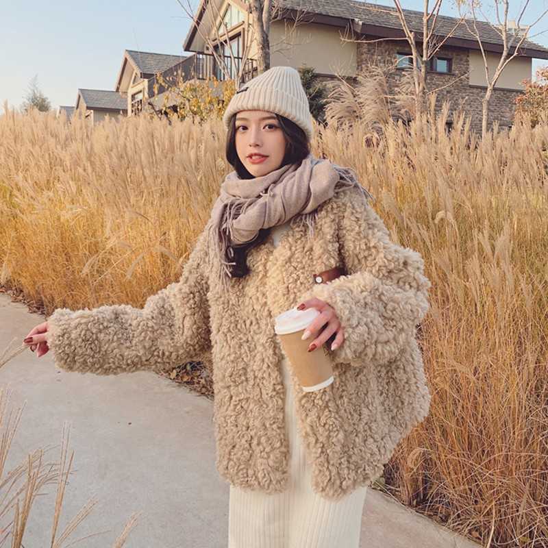Yedinas Winter Faux Fur Coat Women Casual Warm Jacket Plush Teddy Female Pocket Overcoat Elegant Outwear 210527