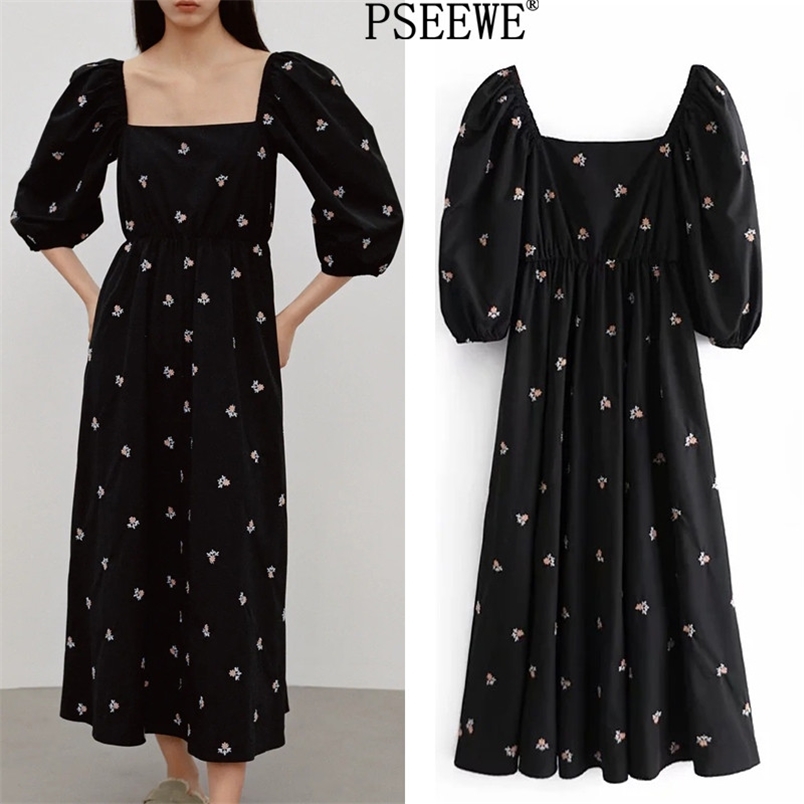 Woman Dresses Black Embroidery Floral Midi Women Spring Cottagecore Vintage Square Neck Puff Sleeve 210519
Woman Dresses Black Embroidery Floral Midi Women Spring Cottagecore Vintage Square Neck Puff Sleeve 210519
