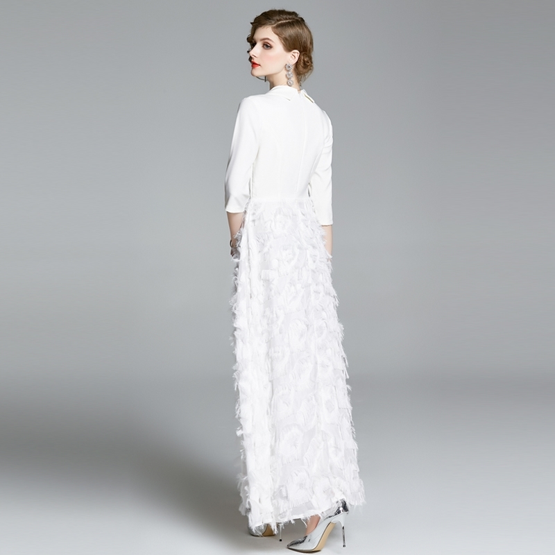 Spring Women's Half Sleeve Notched Vintage Tassels Patchwork Blazer Dress Female Big Swing White Long Vestidos 210520