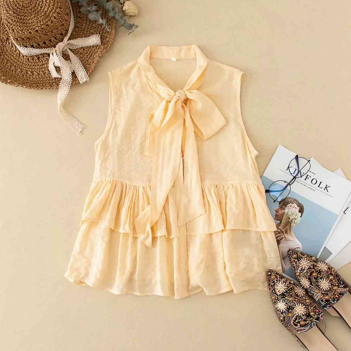 Foridol sleeveless bowknot ruffle blouse shirt women summer autumn yellow ladies elegant blouse tops chic blusa feminias 210415