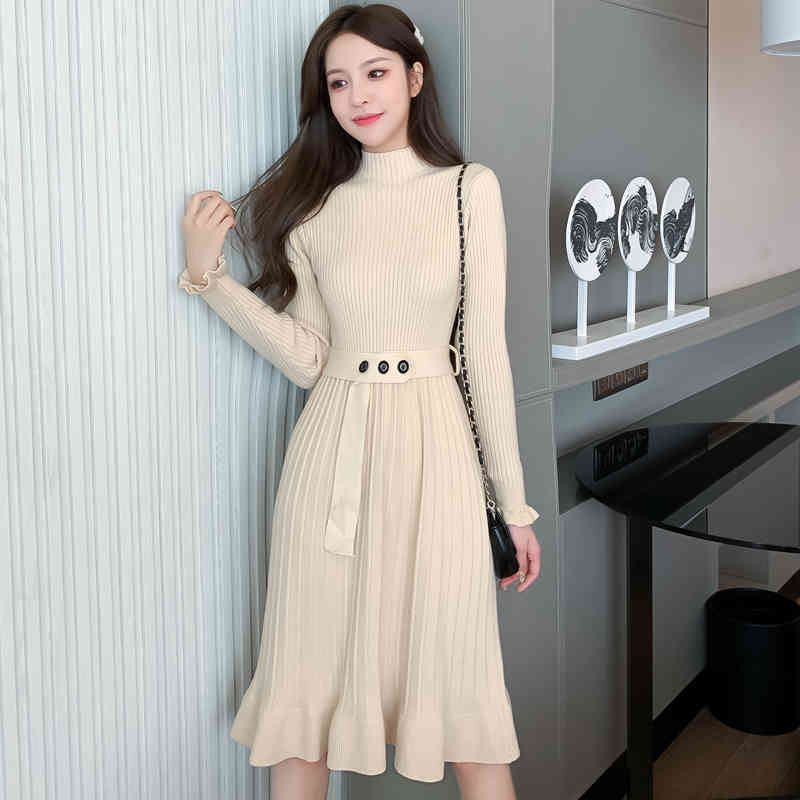 High Quality Knitted Dress Women Fall Winter Half Turtleneck Long sleeve Solid Brief Ruched Hem Pleated Knee-length 210525, Black
High Quality Knitted Dress Women Fall Winter Half Turtleneck Long sleeve Solid Brief Ruched Hem Pleated Knee-length 210525, Black