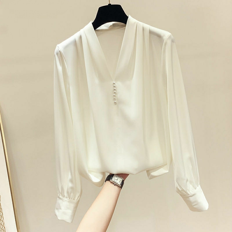 Womens Spring Autumn Style Chiffon Blouses Shirt Womens Rivet Beads Long Sleeve Solid Color Korean Elegant Tops DD9057 210401