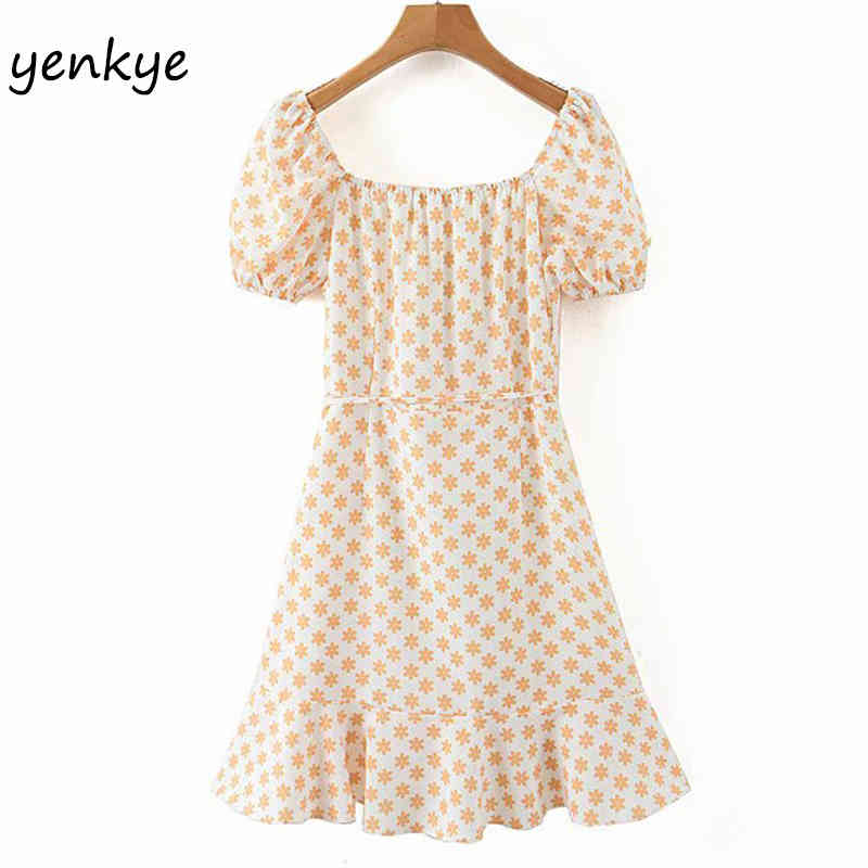 Yellow Floral Print Wrap Dress Sweet Women V Neck Short Sleeve Sundress robe femme A-line Mini Ruffle Holiday Summer Dress 210515
