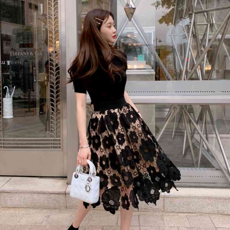 Fashion Elegant O-neck Knitted Tops and Lace Skirt 2 piece set Floral Crochet Hollow Ball Gown Knee-length Sets 3 colors 210525, Black and black
Fashion Elegant O-neck Knitted Tops and Lace Skirt 2 piece set Floral Crochet Hollow Ball Gown Knee-length Sets 3 colors 210525, Black and black