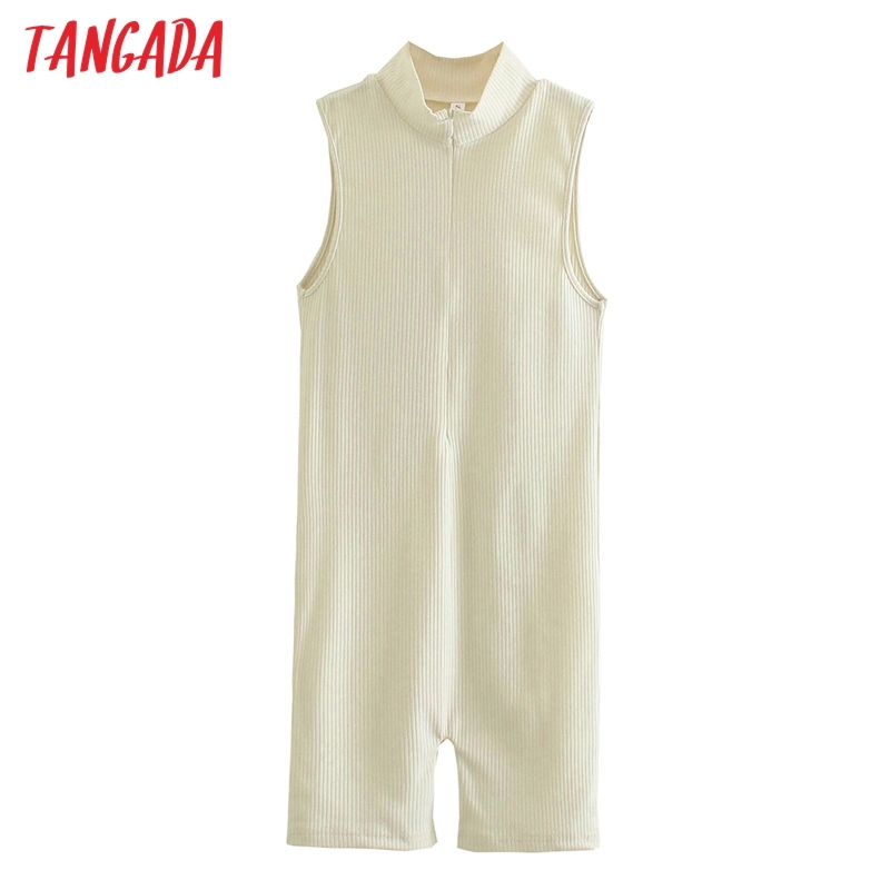 Women Vintage Solid Playsuits Zipper Sleeveless Rompers Ladies Casual Chic Jumpsuits QJ129 210416