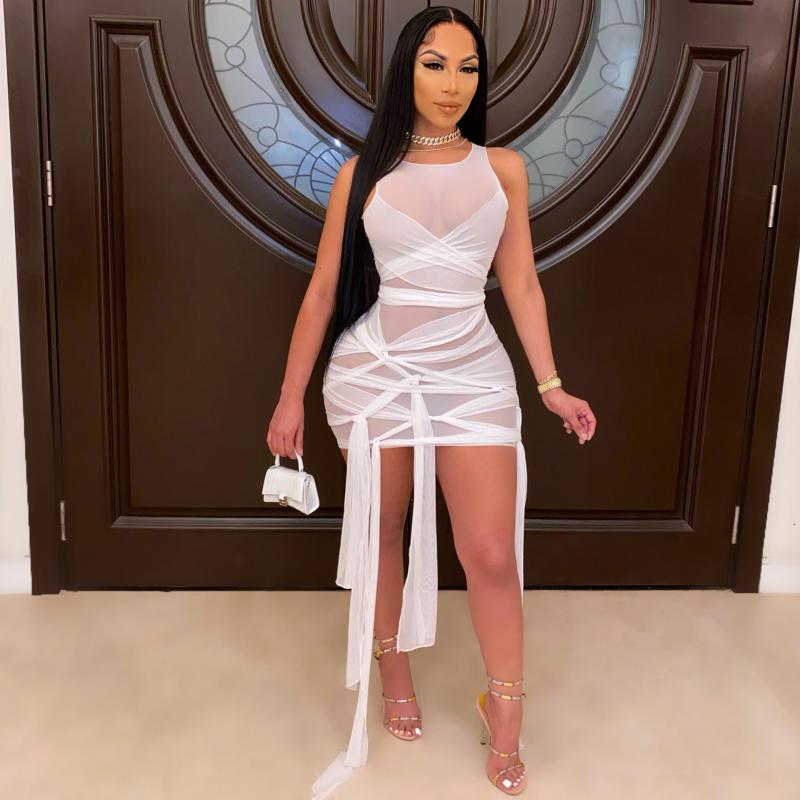 Women's Sexy Mesh Perspective Bandage Sleeveless Vest Dress Two Piece