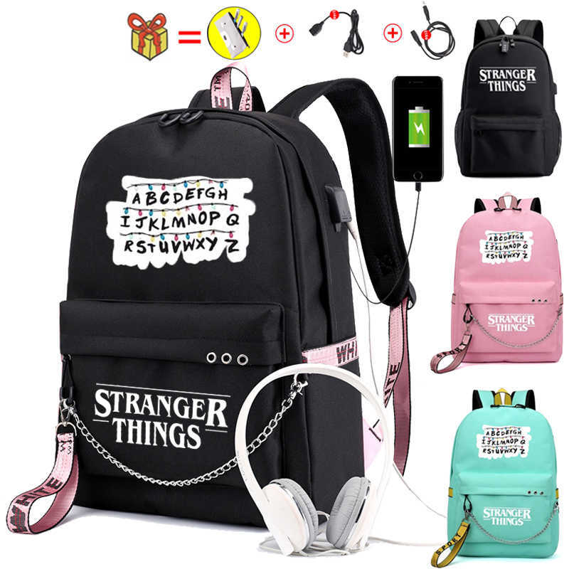 Female backpack Stranger Things Canvas Backpack Canvas Student Schoolbag Women Letters Print Girls Ribbons USB Charge Backpack Y0804