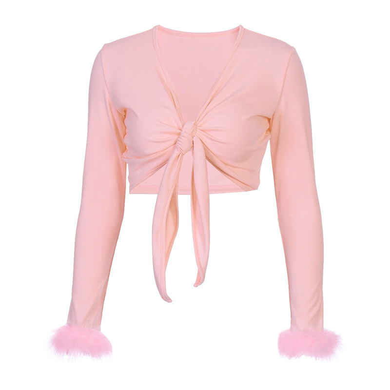 Women Long Sleeve Fur V-Neck Wrapped Bandage Sexy Crop Tops Spring Women Streetwear Club Party Outfits T-Shirts Fashion New 210406