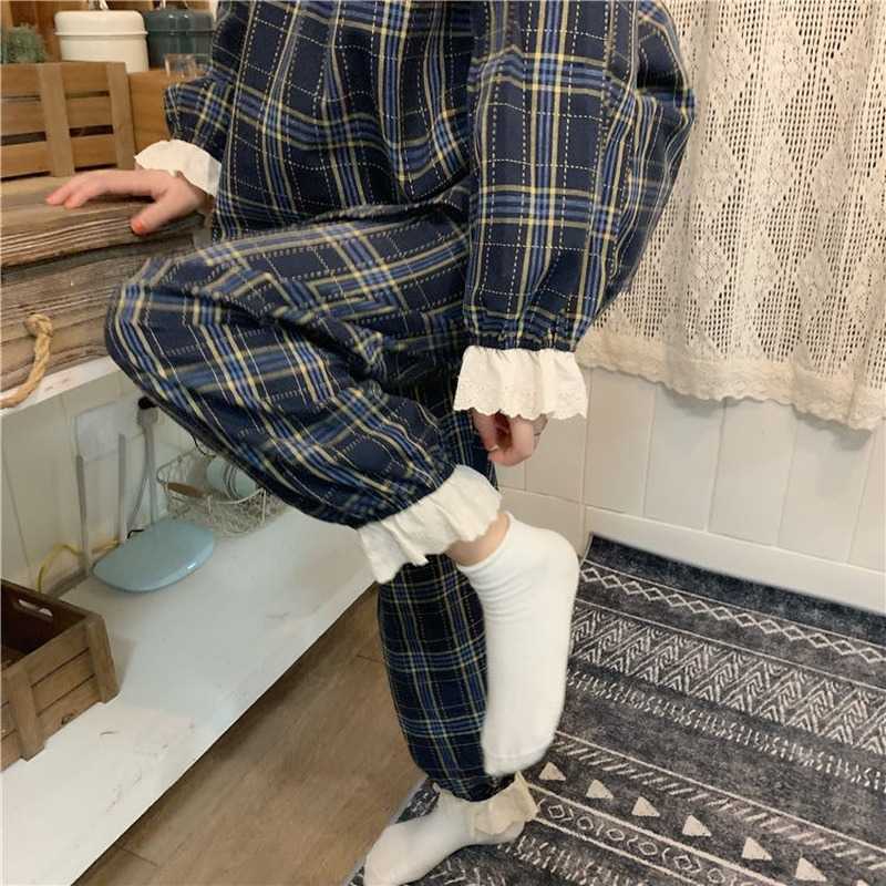 QWEEK Pijama Plaid Korean Pajamas Women Autumn Sleepwear Female Set Lace Chic Loungewear Sweet Long Short Sleeve Pyjamas Suit 210924