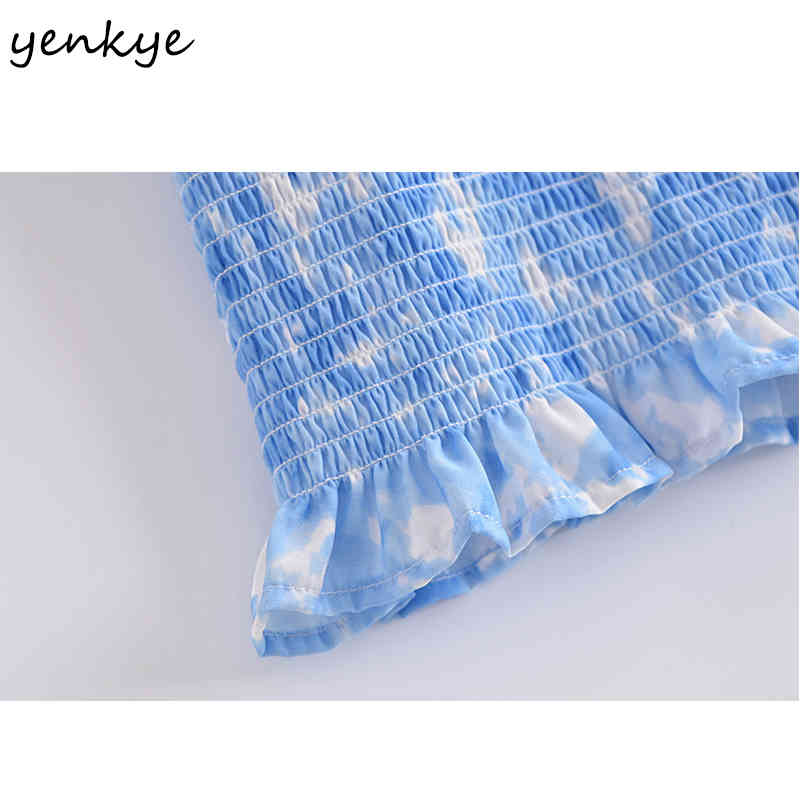YENKYE Blue Tie Dye Elastic Dress Women Puff Sleeve Square Neck Sexy Bodycon Mini Dress Female Party Summer Vestido 210515